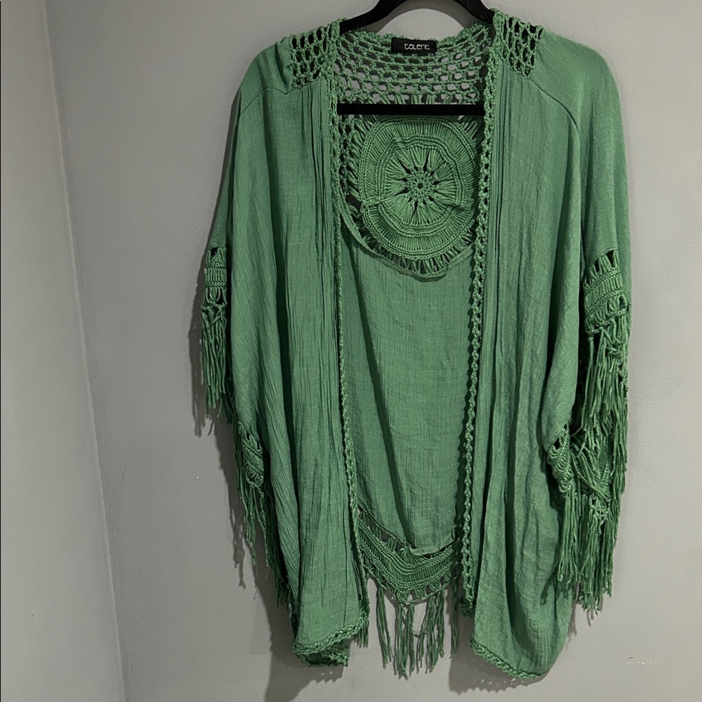 Boho Green Crochet Fringe Cardigan